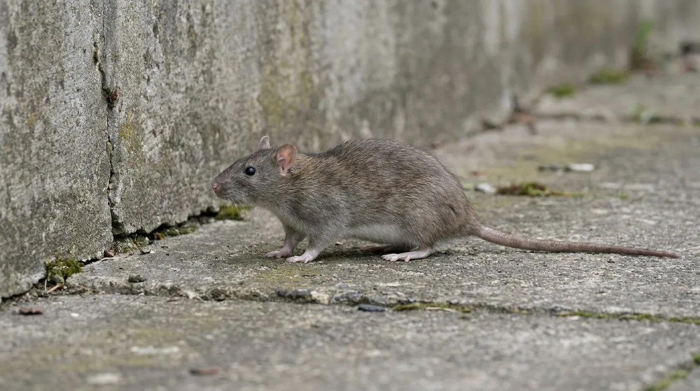 Surmulot (rat brun, Rattus norvegicus) au pelage gris-brun près d'un mur en béton