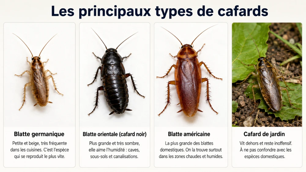 Comparatif en photo des principaux types de cafards : blatte germanique, blatte orientale, blatte américaine et cafard de jardin