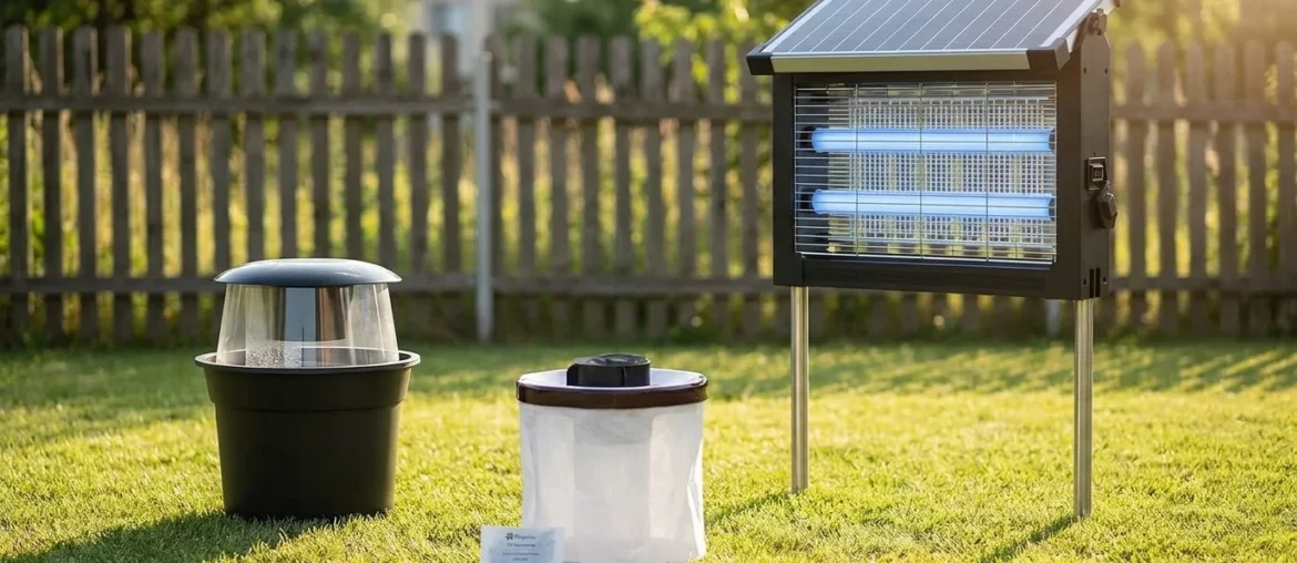 Trois pièges anti-moustiques de jardin : destructeur solaire, piège passif Biogents et borne BG-Mosquitaire.
