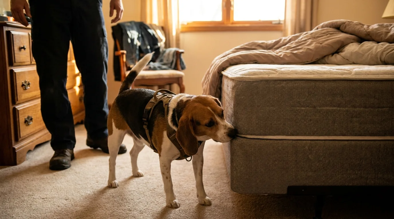 Le chien parcourt le pourtour du lit et marque l'arrêt à l'odeur des punaises vivantes.