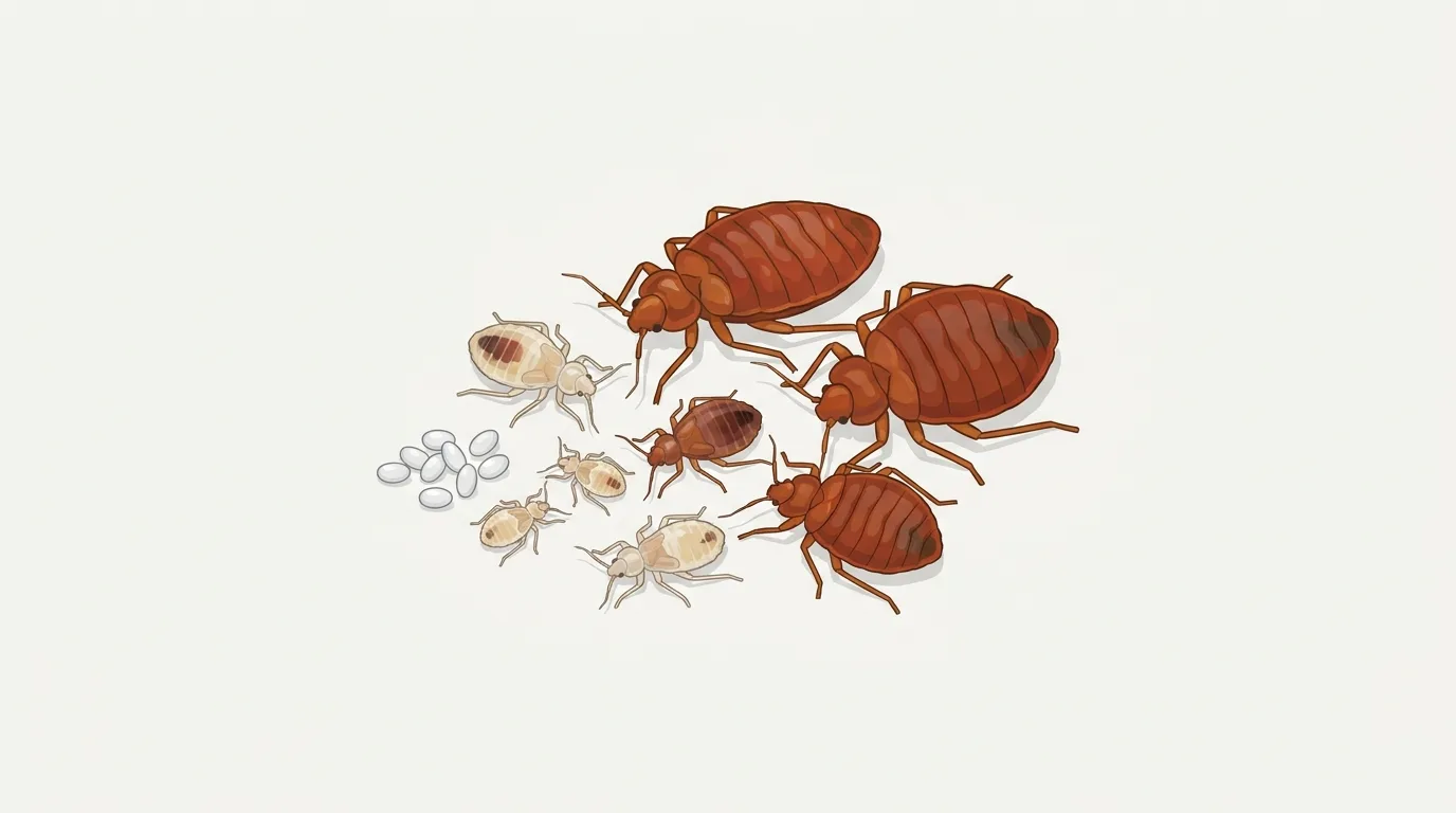 Une infestation installée réunit tous les stades en même temps : œufs, jeunes clairs et adultes bruns.