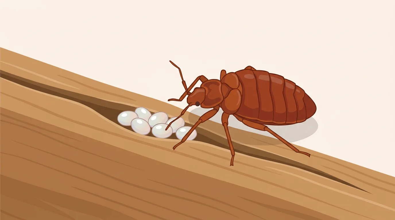 Une femelle colle ses œufs par petits amas dans les fentes et les coutures.