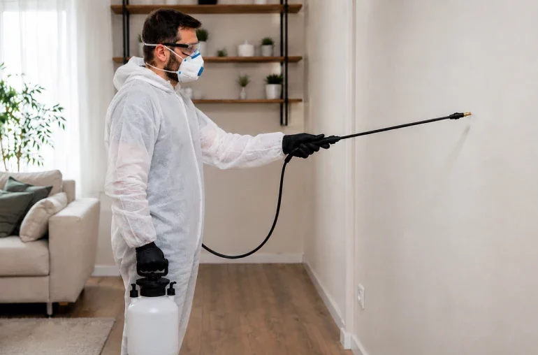 Technicien professionnel traitant une chambre contre les punaises de lit