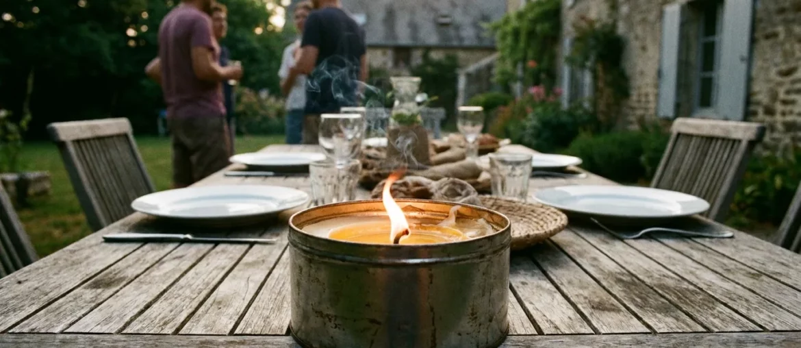 Une bougie à la citronnelle sur une table d'extérieur
