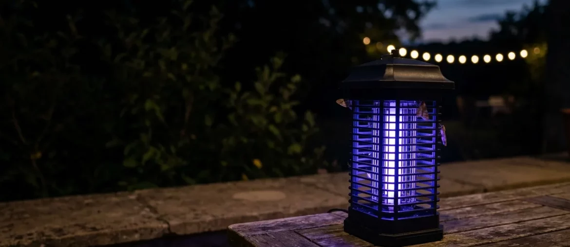 Une lampe anti-moustique UV allumée la nuit