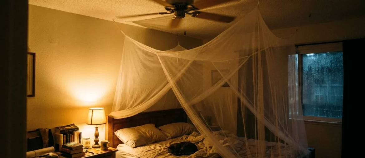 La nuit, moustiquaire et ventilateur protègent le sommeil