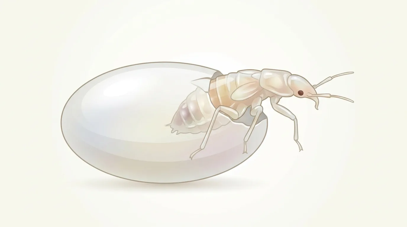 À l'éclosion, une jeune punaise translucide sort de l'œuf pour aller se nourrir.