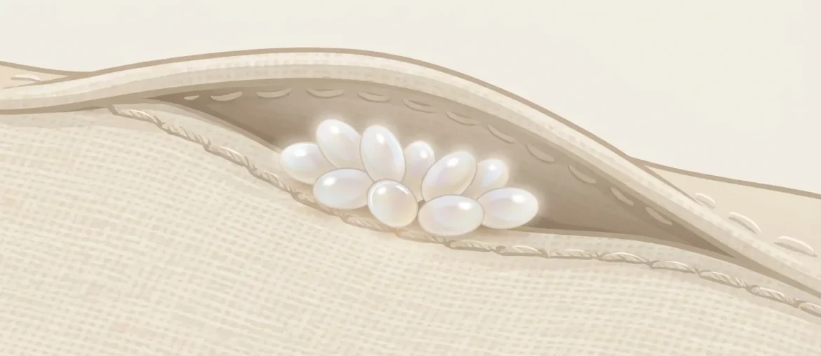 Œufs de punaise de lit : minuscules ovales blancs nacrés collés dans une couture