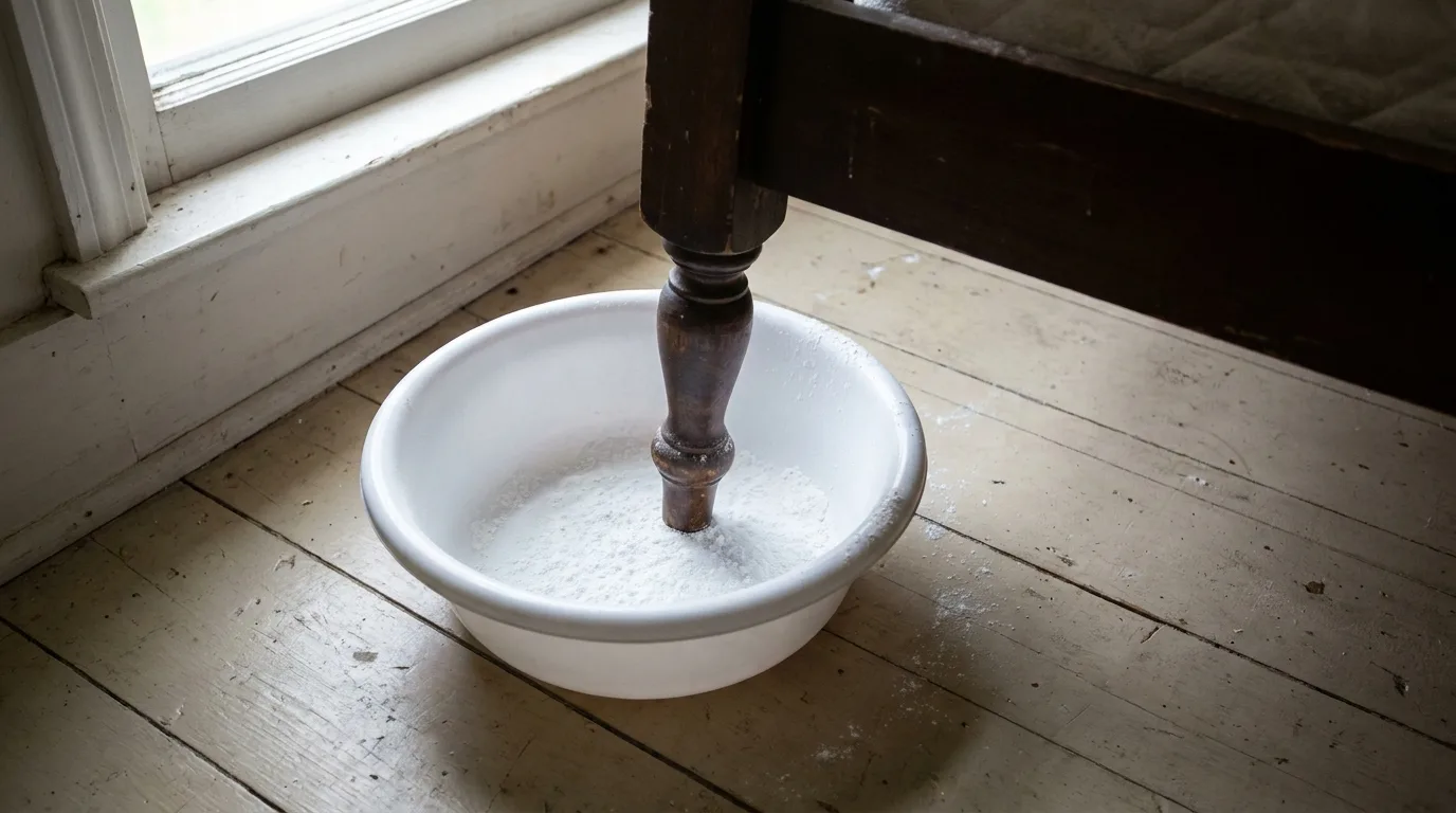 Un bol lisse saupoudré de talc, sous un pied de lit : le piège coupelle version maison.