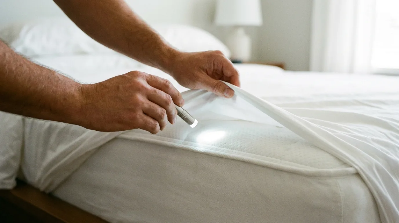 Inspection des coutures du matelas à la lampe
