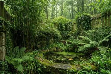 Un coin de jardin dense et humide, propice aux moustiques