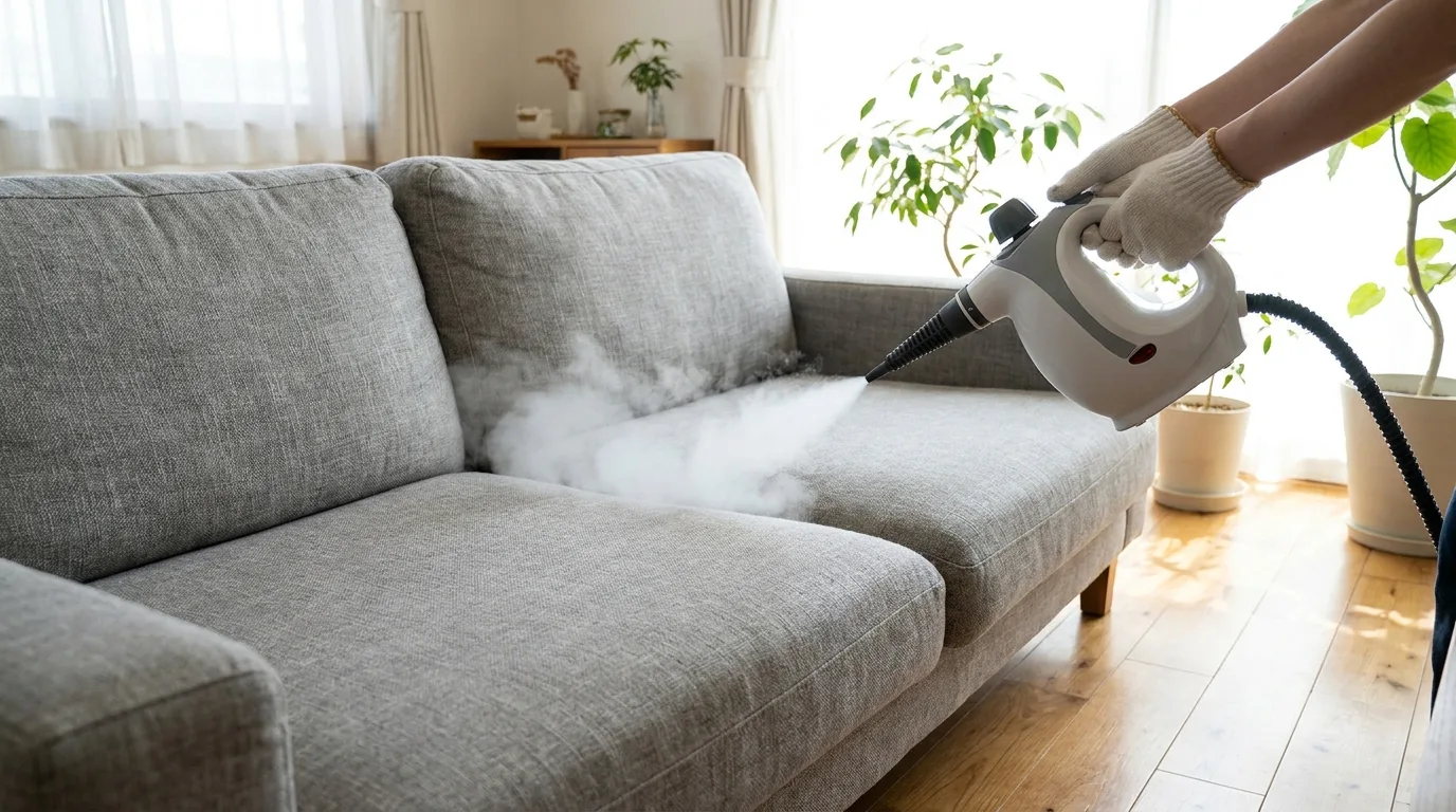 Canapé, fauteuils et rideaux se traitent aussi à la vapeur, sur les coutures et replis.