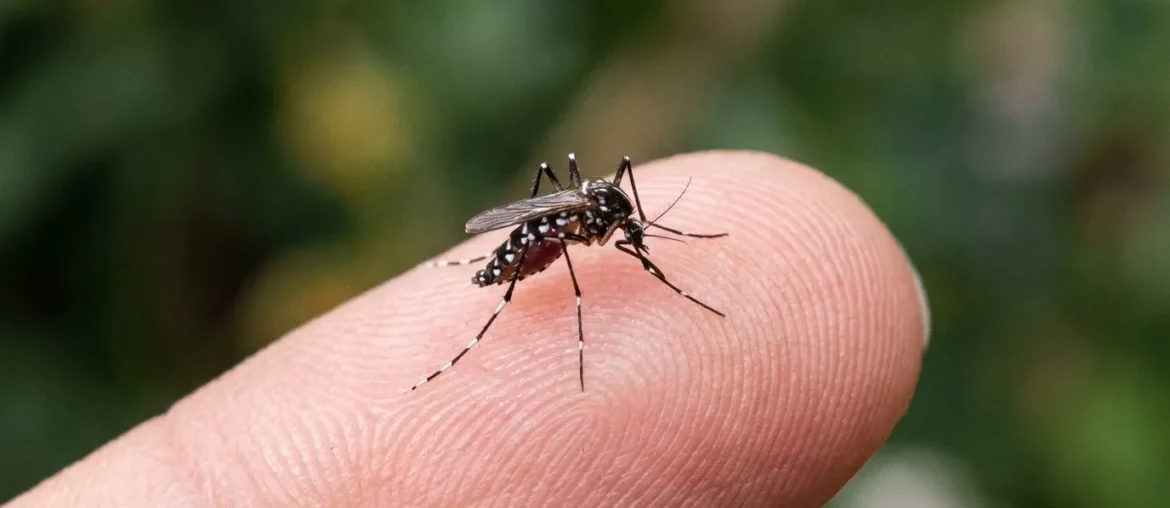 Moustique tigre sur un doigt, à peine 5 mm