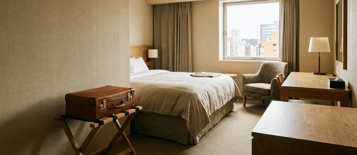 Valise sur un porte-bagage dans une chambre d'hôtel bien rangée