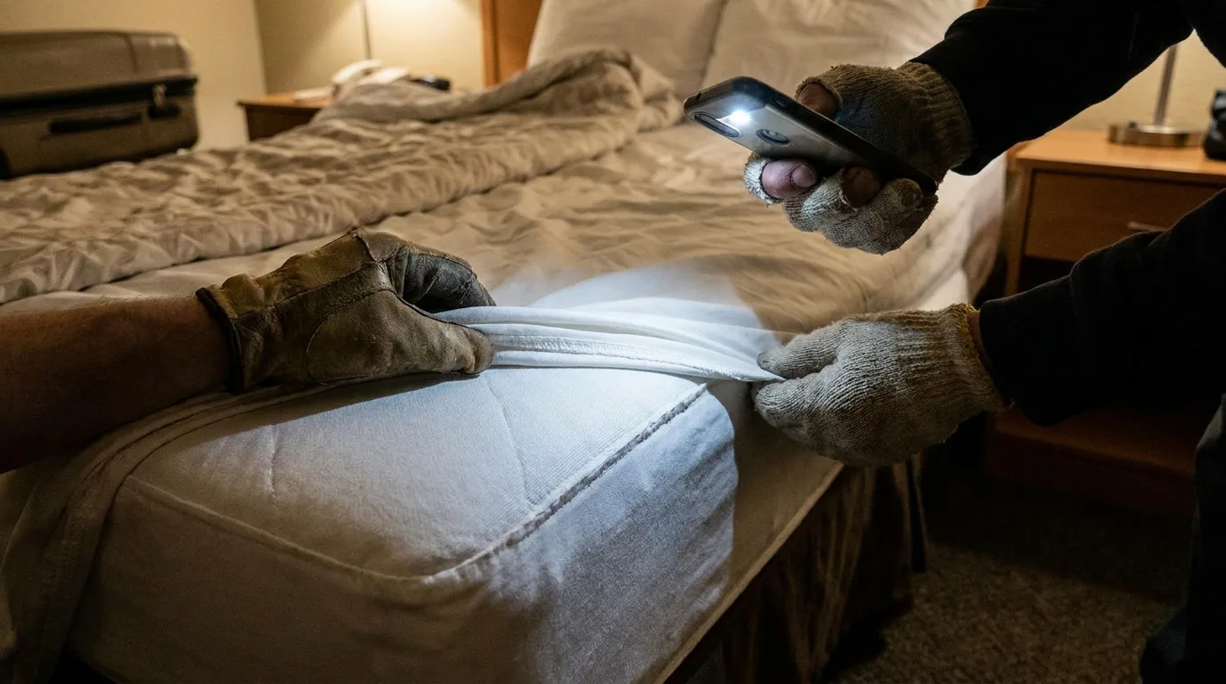 Cinq minutes suffisent : soulevez les draps et éclairez les coutures du matelas et la tête de lit.