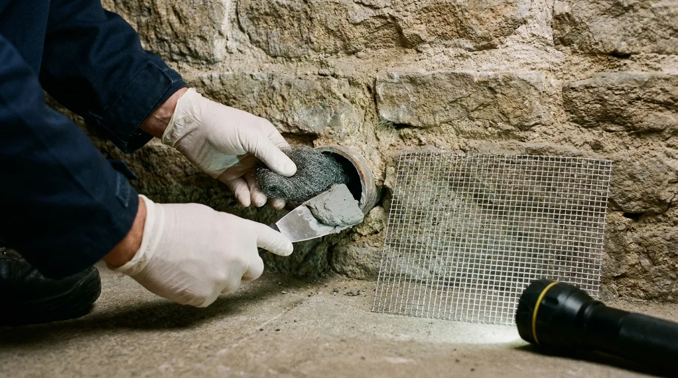 Bouchage d'un passage de canalisation avec de la laine d'acier et une pâte anti-rongeurs dans une cave à Rennes