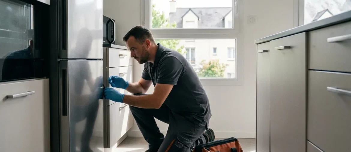Désinsectiseur inspectant la cuisine d'un appartement de Rennes à la recherche de cafards et de blattes