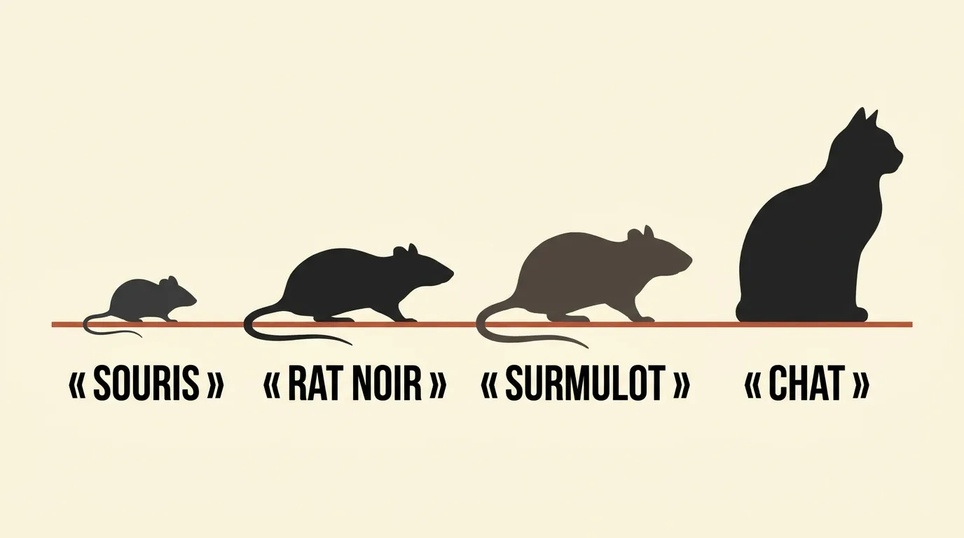 Infographie comparant à l'échelle les silhouettes d'une souris, d'un rat noir, d'un surmulot et d'un chat