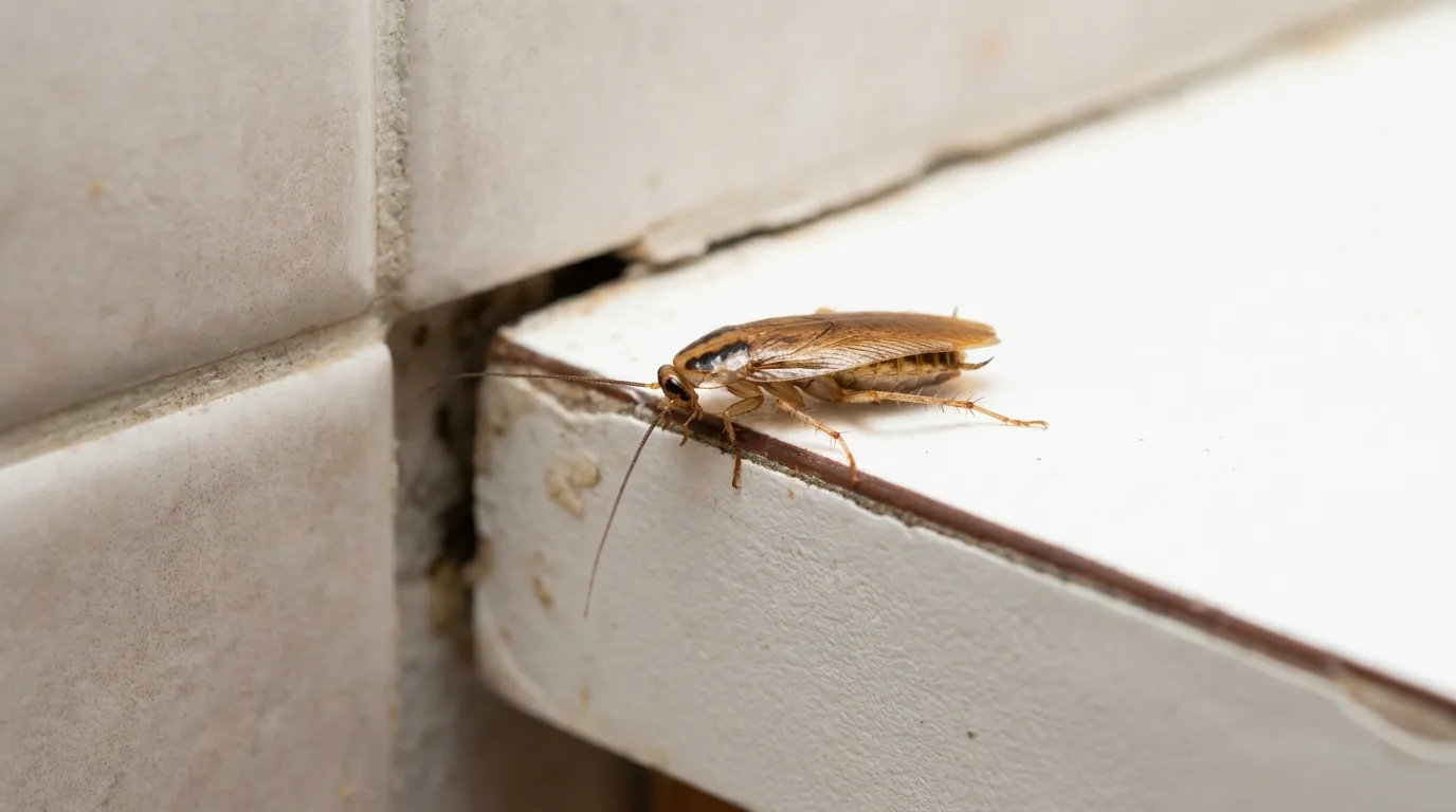 Cafard (blatte germanique) près d'une fissure dans une cuisine.