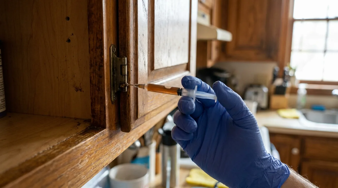 Application d'un gel insecticide dans un meuble de cuisine.