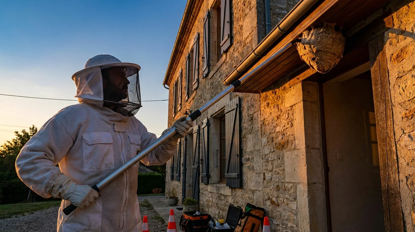 Professionnel en combinaison traitant un nid de frelon à la perche télescopique.