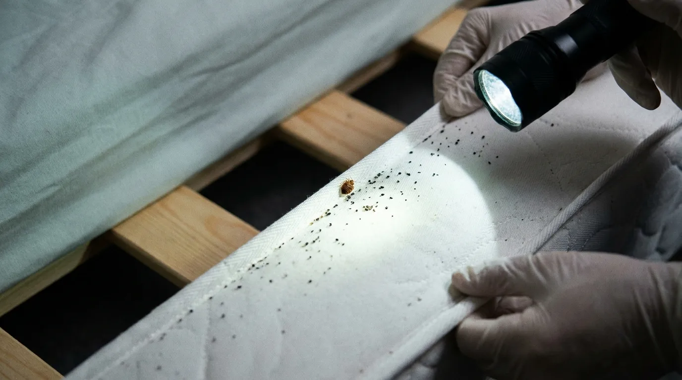Inspection à la lampe torche des coutures d'un matelas à la recherche de punaises de lit dans un appartement de Rennes