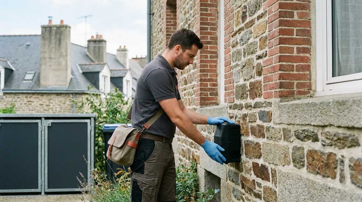 Dératiseur installant un poste d'appâtage sécurisé au pied d'un immeuble à Rennes
