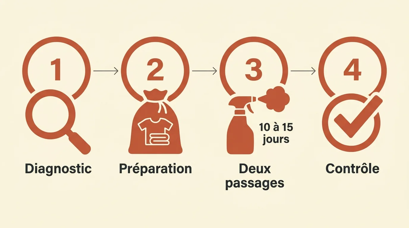 Infographie du protocole de traitement des punaises de lit en quatre étapes : diagnostic, préparation, deux passages, contrôle