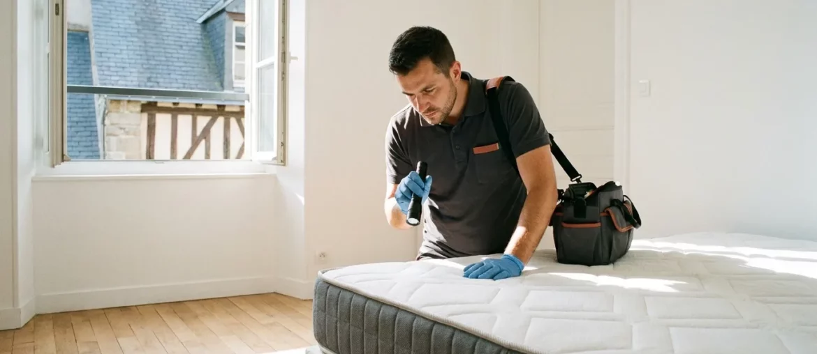 Désinsectiseur inspectant un lit dans un appartement de Rennes pour détecter des punaises de lit