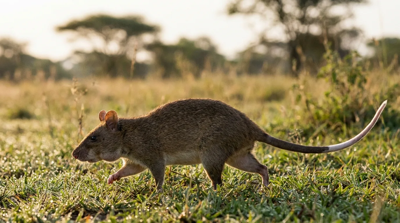 Cricétome de Gambie, le rat géant africain, dans la savane au petit matin
