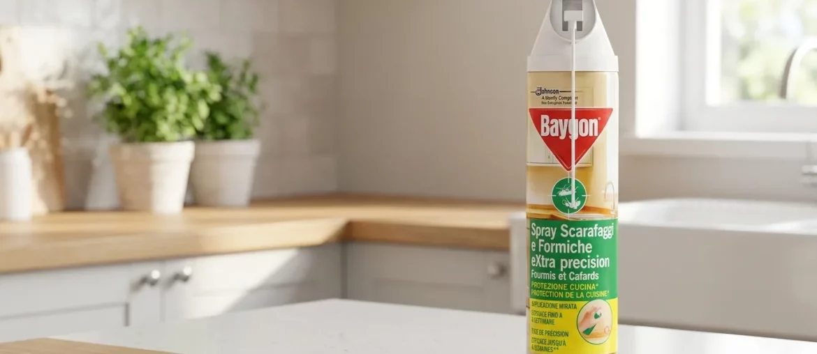 L'aérosol Baygon eXtra précision Fourmis et Cafards posé sur un plan de travail de cuisine