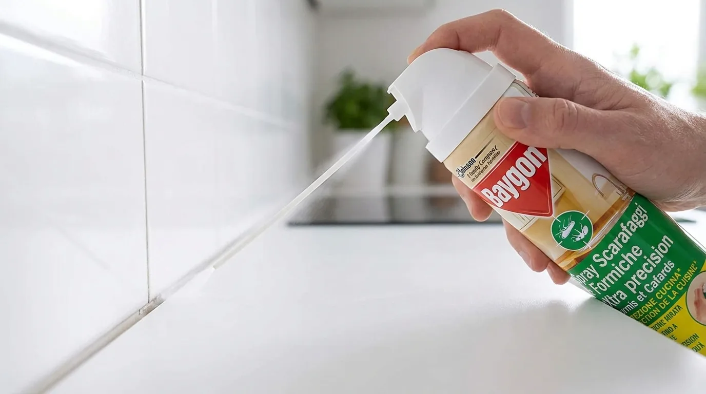Application du spray Baygon eXtra précision avec sa tige dans l'interstice entre le plan de travail et le mur