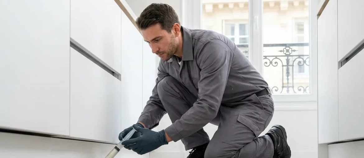 Technicien appliquant un gel anti-cafards en cuisine dans un appartement lyonnais.