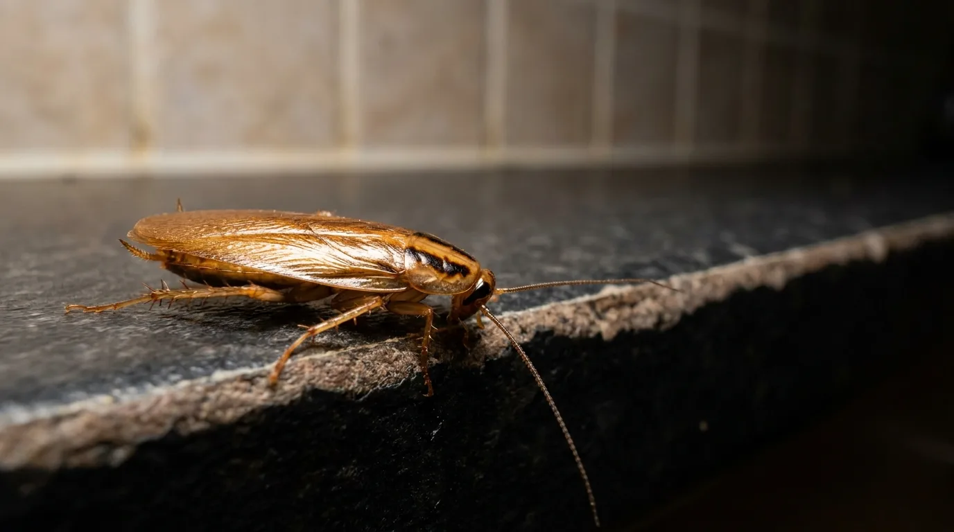Blatte germanique sur le bord d'un plan de travail de cuisine la nuit.