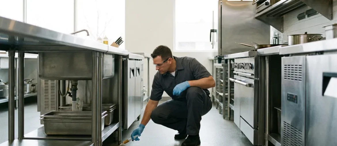 Technicien appliquant un gel anti-cafards dans une cuisine de restaurant à Strasbourg.