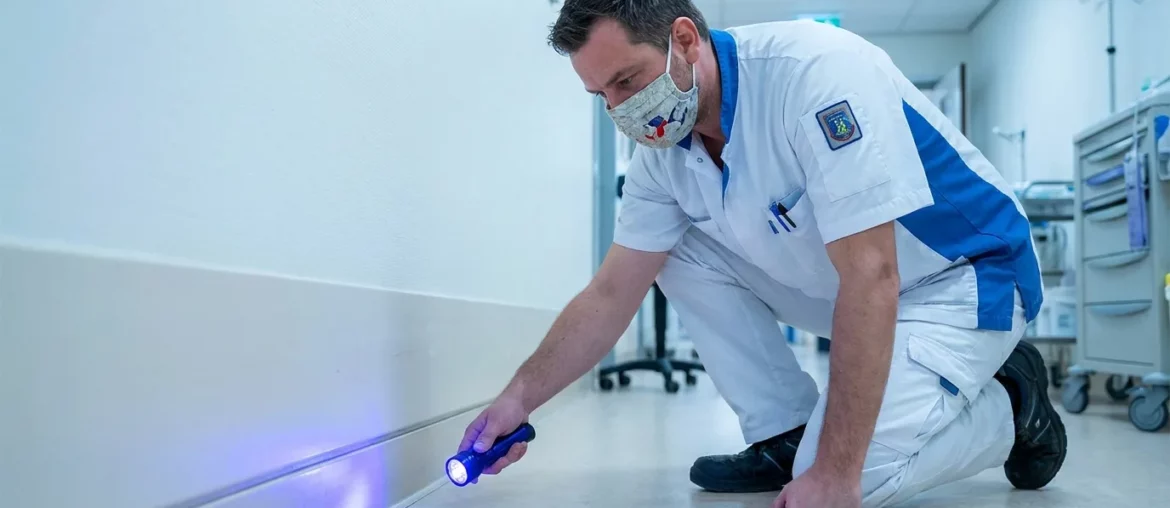 Contrôle anti-nuisibles dans un couloir d'établissement de santé à Bron.