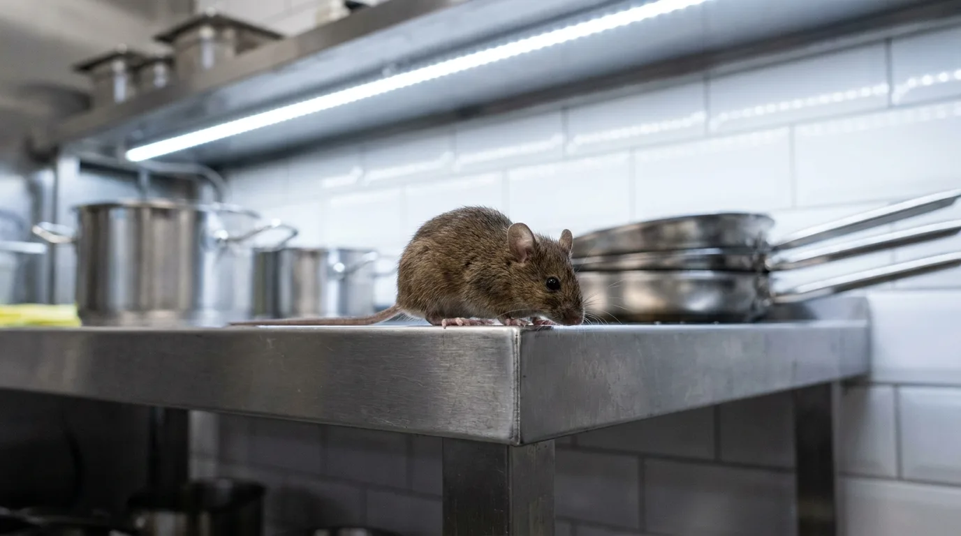 Souris sur un plan de travail dans une cuisine professionnelle à Bron.