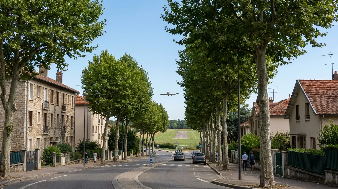 Avenue résidentielle de Bron avec l'aérodrome en arrière-plan.