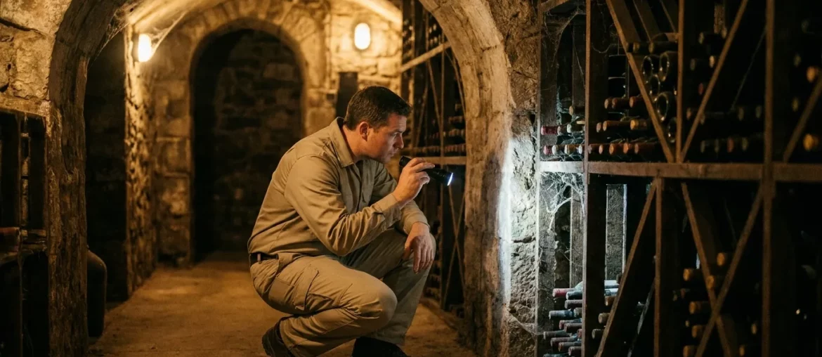 Inspection d'une cave de maison ancienne à Caluire-et-Cuire.