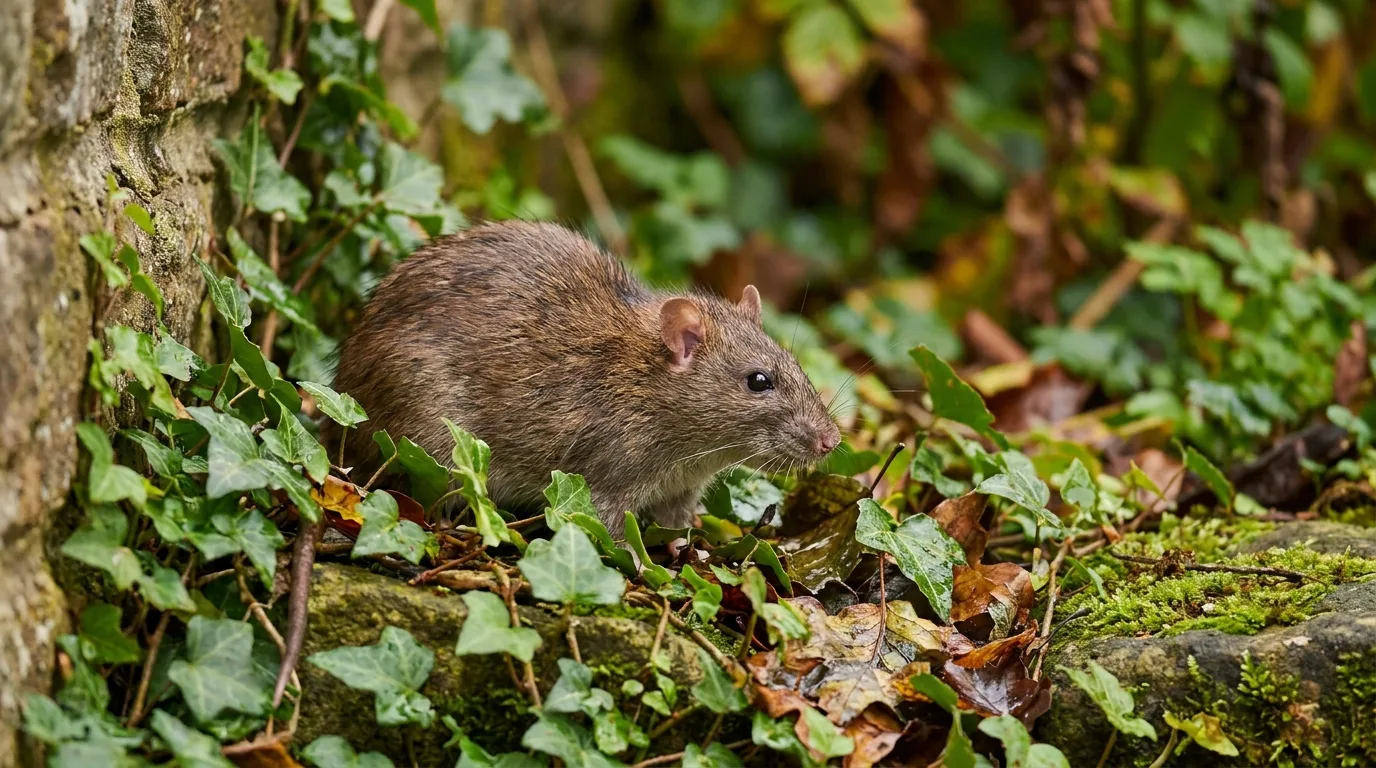 Rat brun au pied d'un mur de jardin à Caluire-et-Cuire.