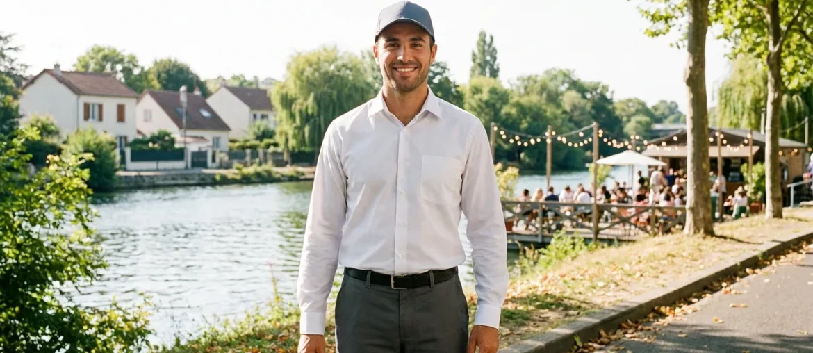 Technicien anti-nuisibles au bord de la Marne à Champigny, guinguette en fond.