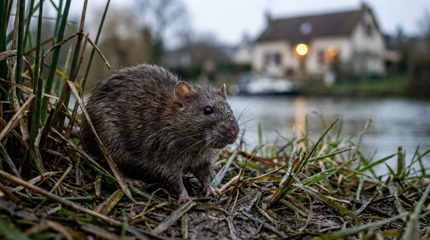 Rat parmi les roseaux sur une berge de la Marne.