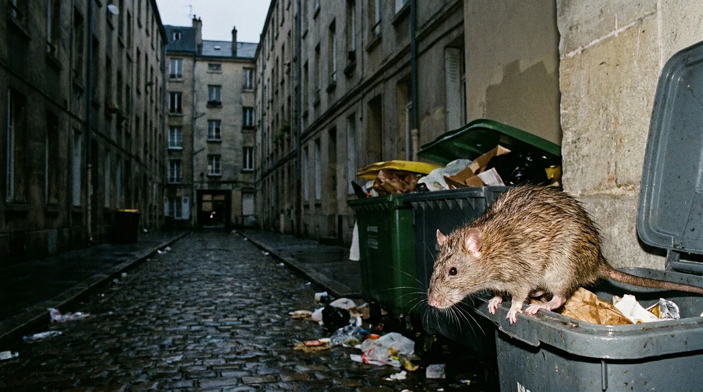 Rat dans une cour d'immeuble étroite près des poubelles.