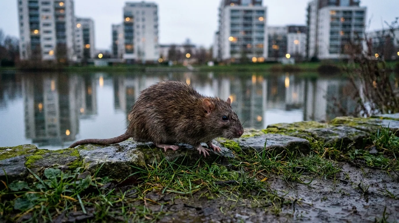 Rat sur la berge d'un lac urbain.