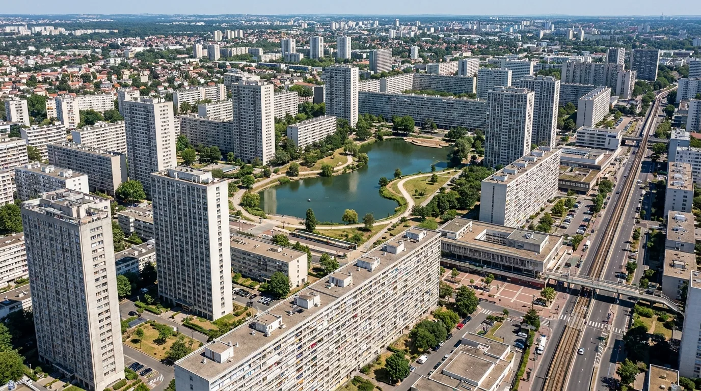 Grands ensembles et tours de Créteil autour du lac.