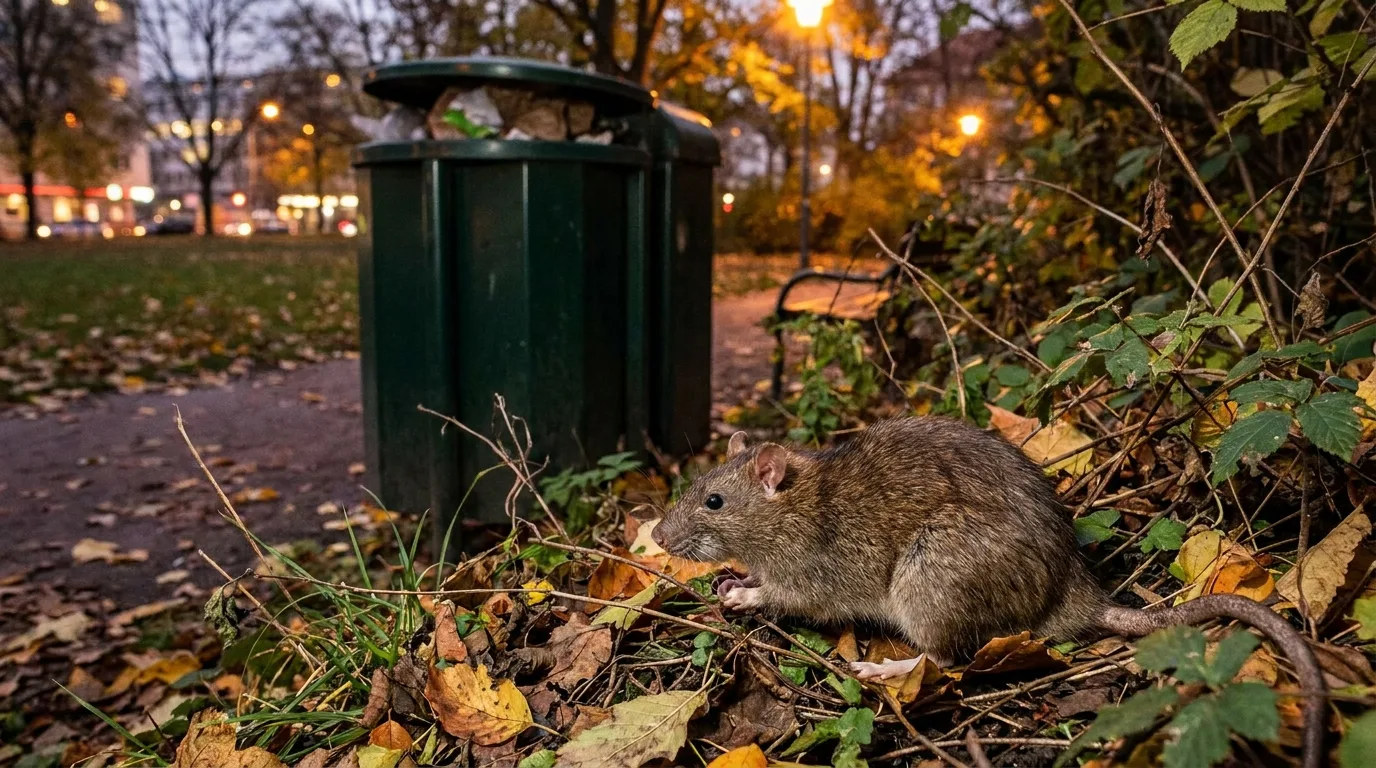 Rat en lisière d'un parc boisé.