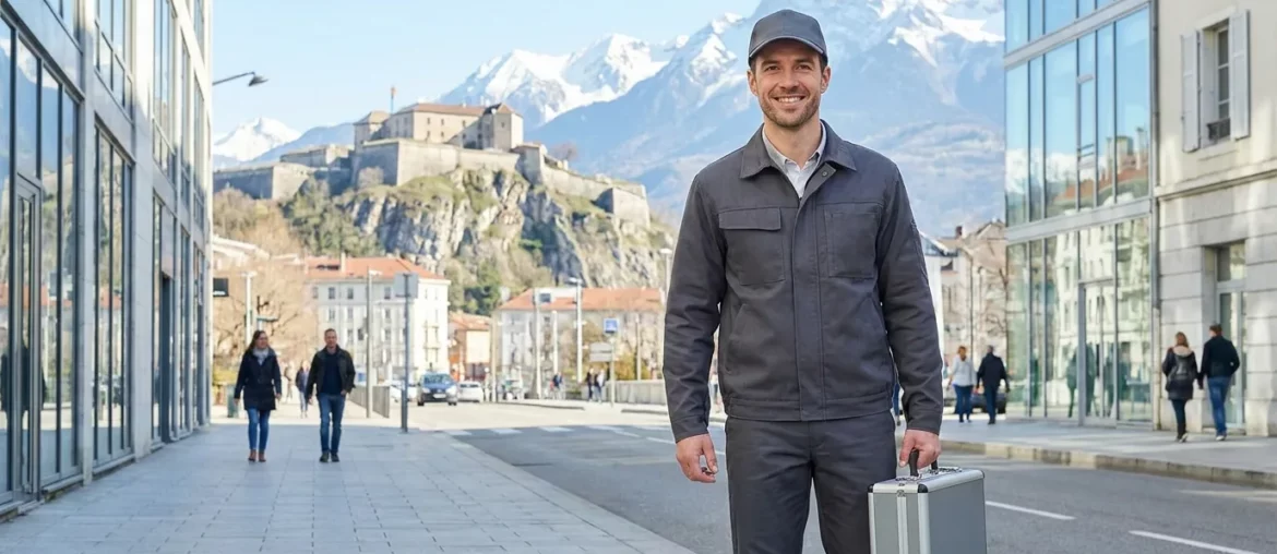 Technicien anti-nuisibles à Grenoble, la Bastille et les Alpes en arrière-plan.