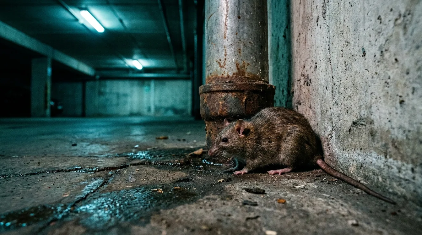 Rat brun dans un parking souterrain le long d'une canalisation.