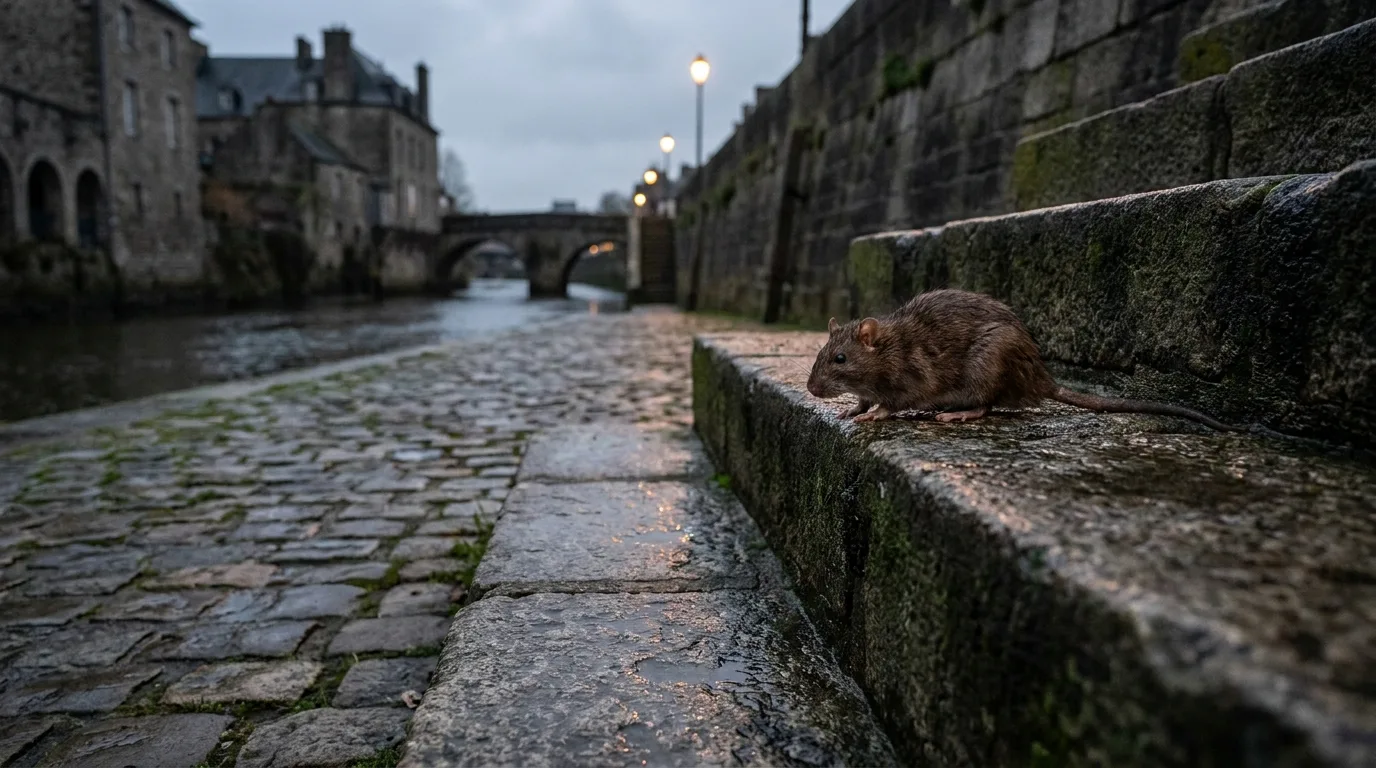 Rat brun sur un quai en pierre au bord de l'eau.
