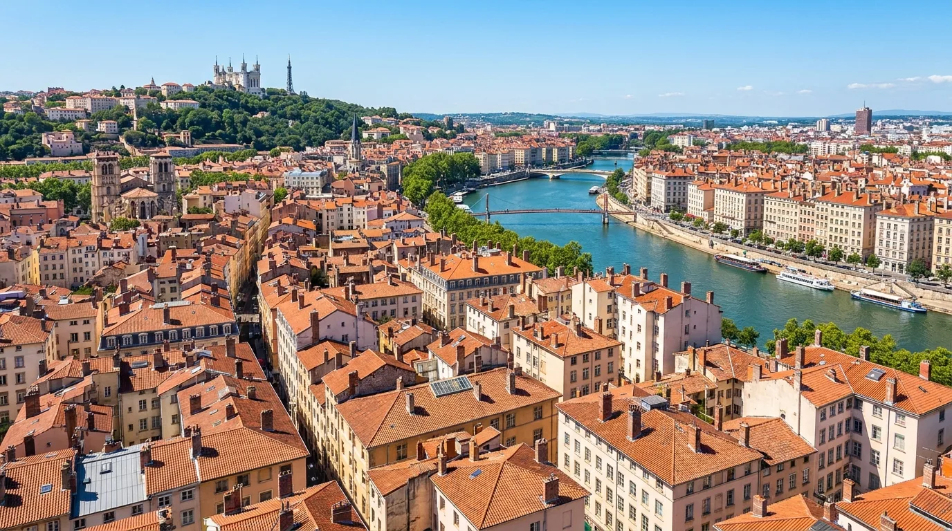Vue des toits de Lyon, la Saône et la colline de Fourvière.